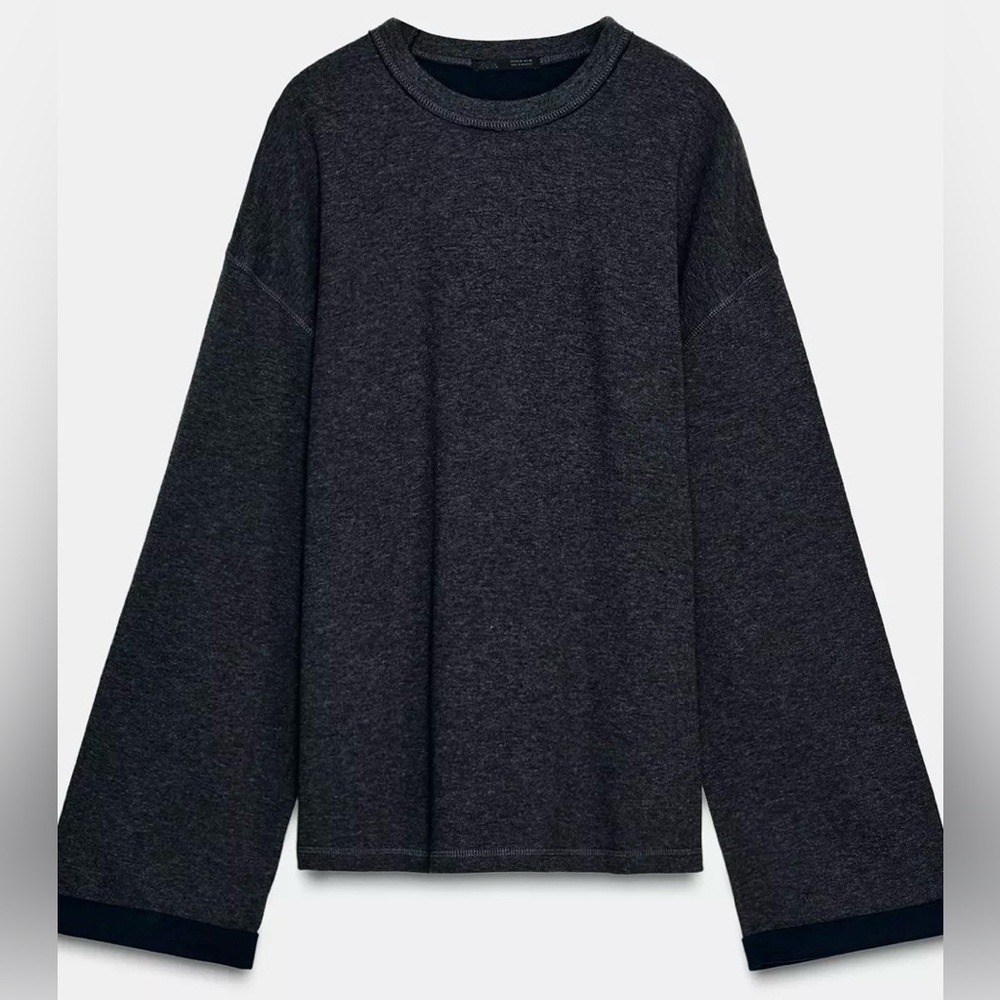 ZARA Anthracite Gray Cotton Knit Black Trim Sweater Large NWT - Picture 6 of 13